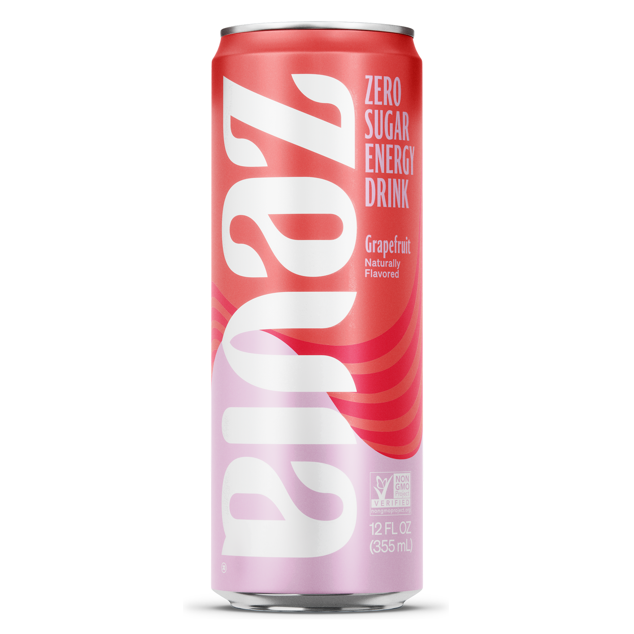 Red and pink can of a Zevia zero sugar energy drink on a white background in Grapefruit flavor